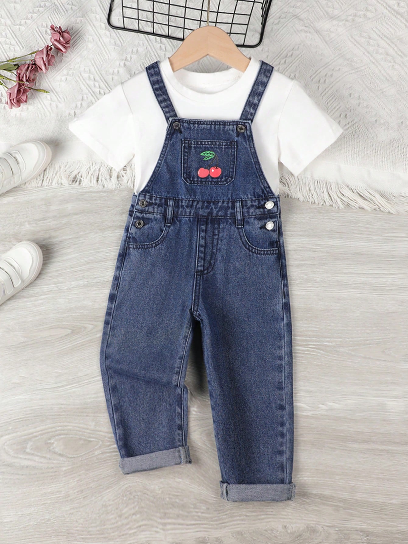 Young Girl Cherry Print Denim Overall Jumpsuit