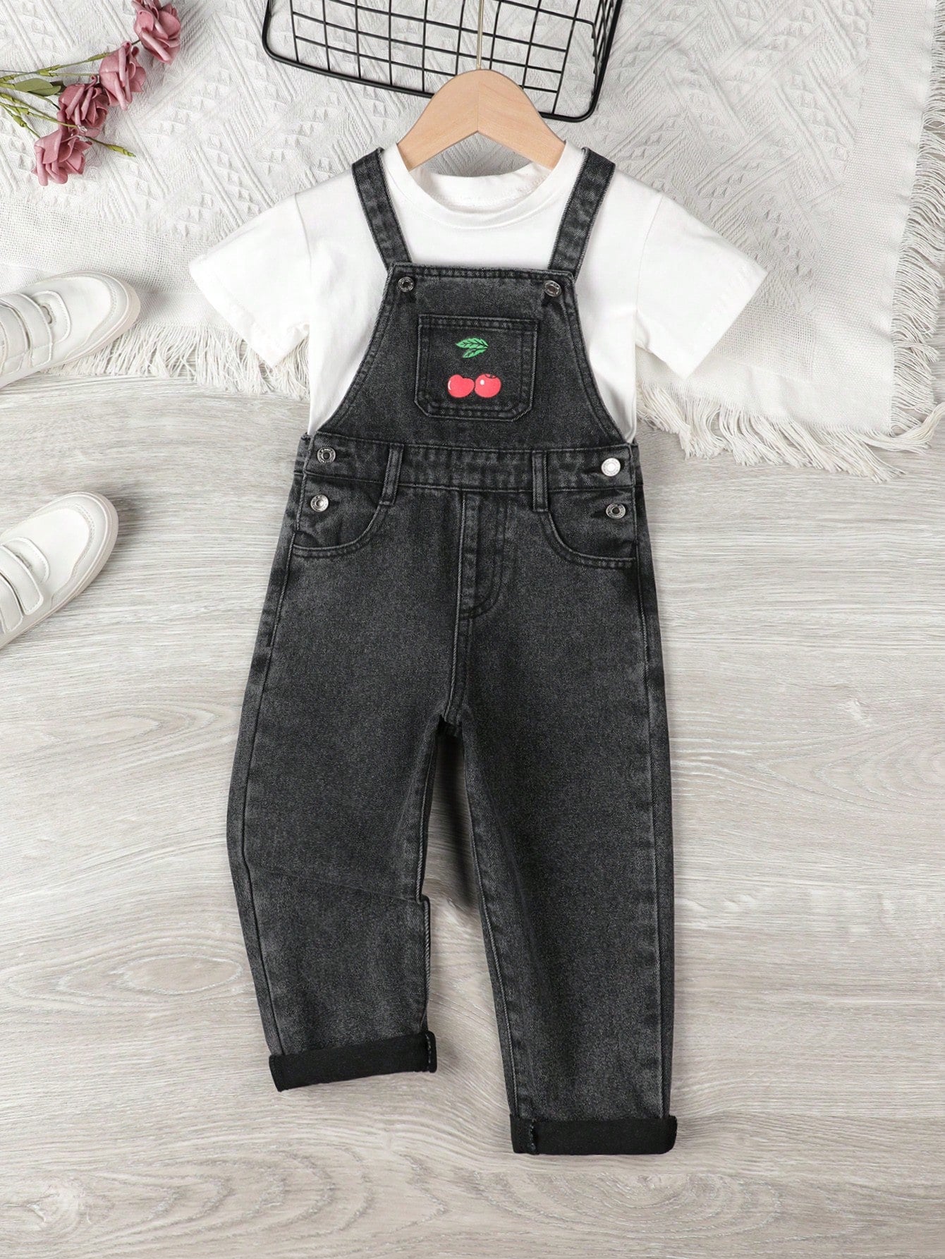 Young Girl Cherry Print Denim Overall Jumpsuit