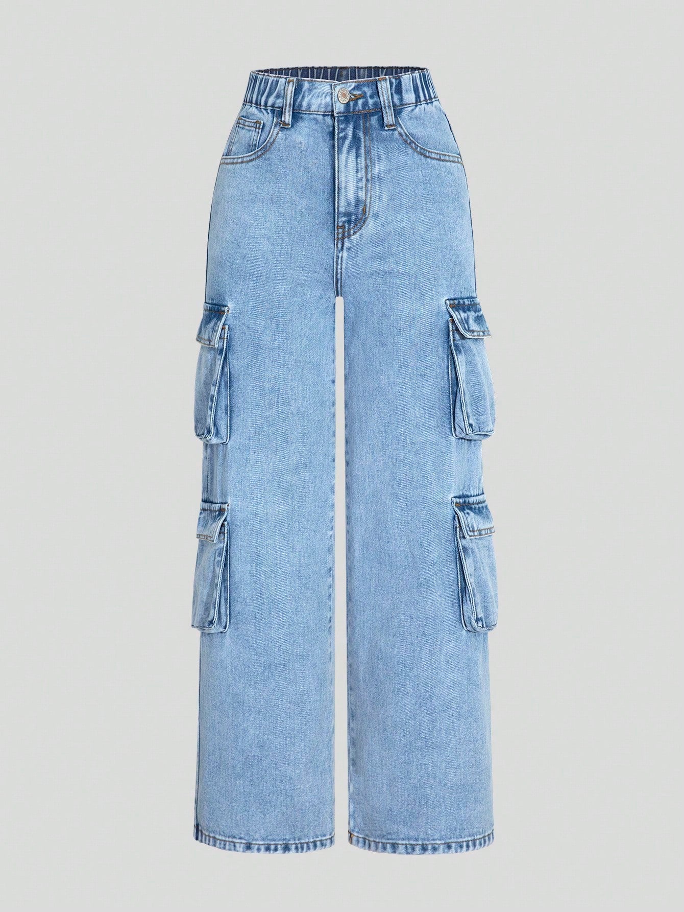 Tween Girl Fashionable Casual Multi-Pocket Denim Straight-Leg Jeans With Washed Denim, New Arrival