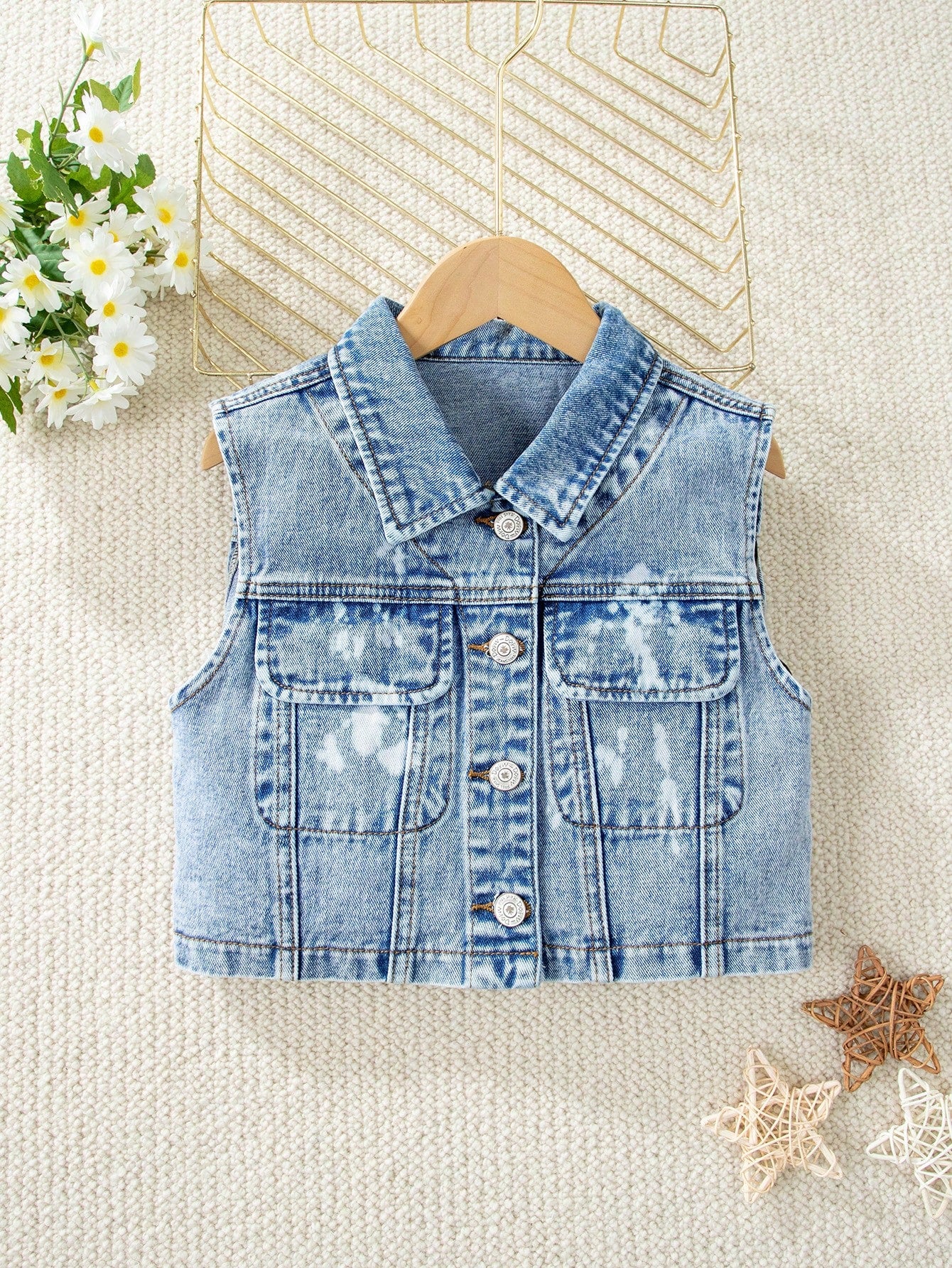 Tween Girls Fashionable Denim Jacket, Casual Splatter Paint Wash Oversized Vest Jacket