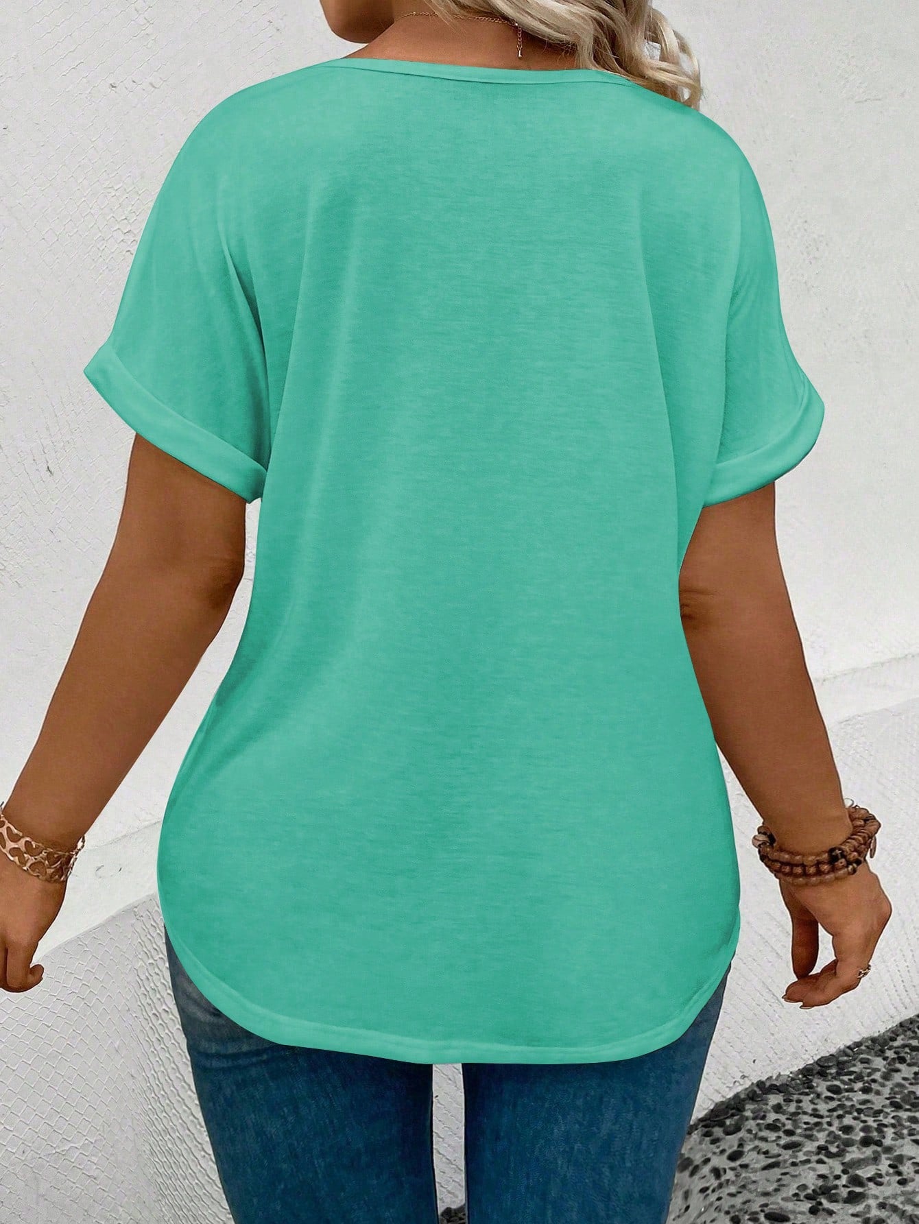 Summer Casual V-Neck Turn-Up Sleeve Plain Plus Size T-Shirt