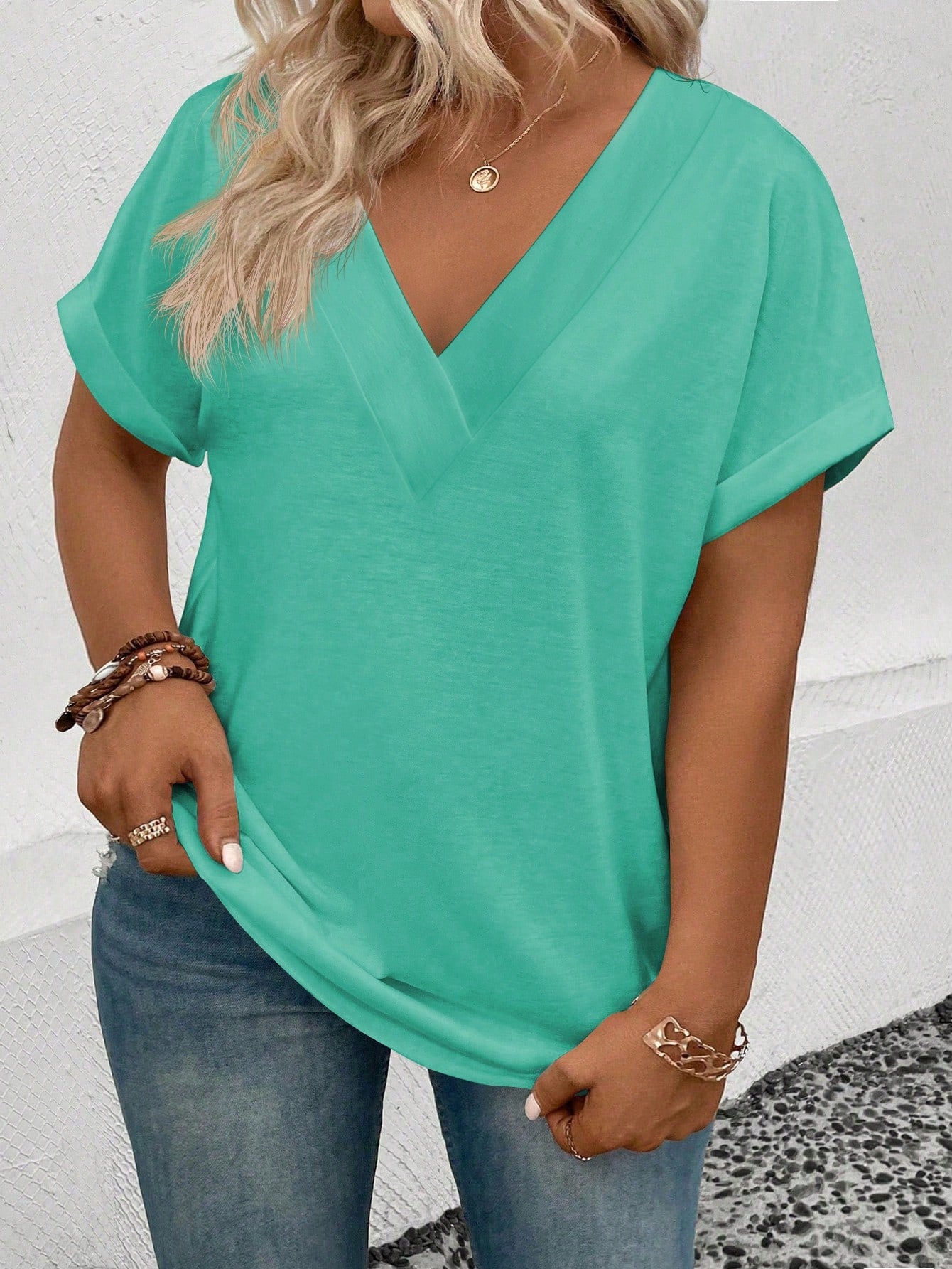 Summer Casual V-Neck Turn-Up Sleeve Plain Plus Size T-Shirt