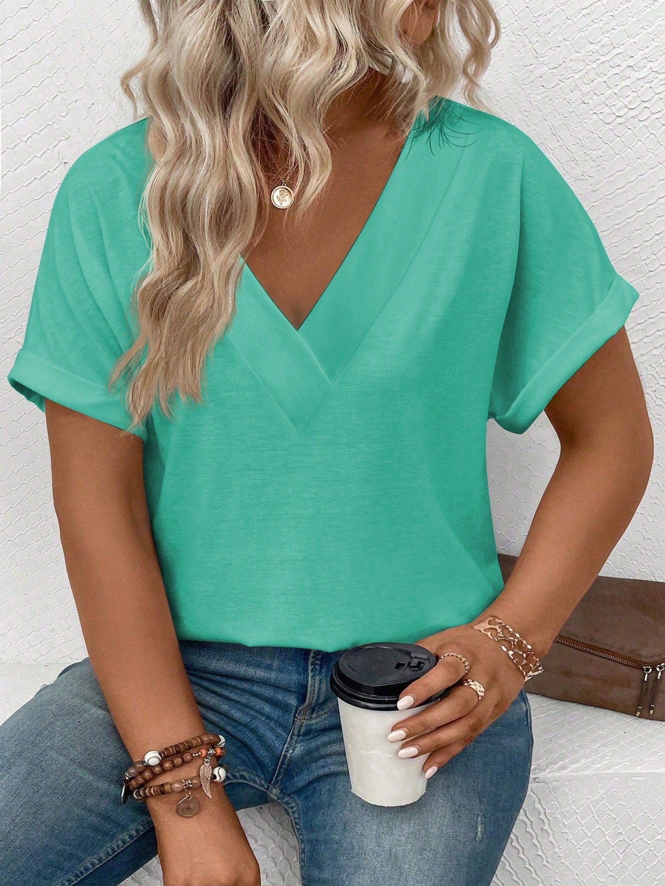 Summer Casual V-Neck Turn-Up Sleeve Plain Plus Size T-Shirt