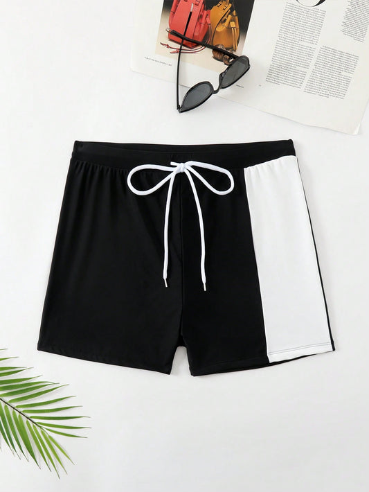 Men's Plus Size Color Block Drawstring Waist Square Leg Swim Trunks