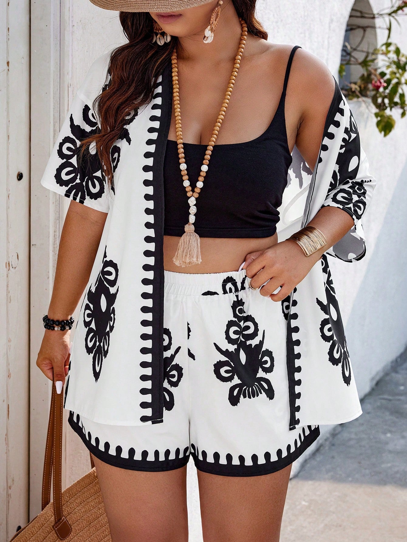 Plus Size Printed Front Open Top And Shorts Set