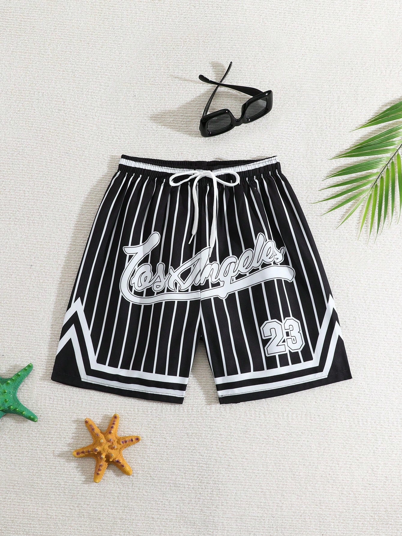 Tween Boy Striped Swim Trunks With Pattern Print, Beach Shorts