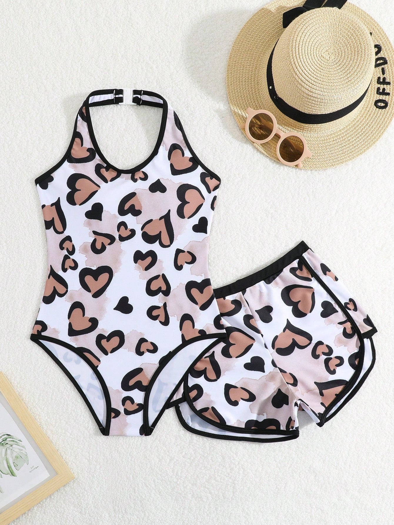 Tween Girl Beach Heart Print Halterneck One Piece Swimsuit With Cover-Up Shorts And Top 2pcs Set, Summer