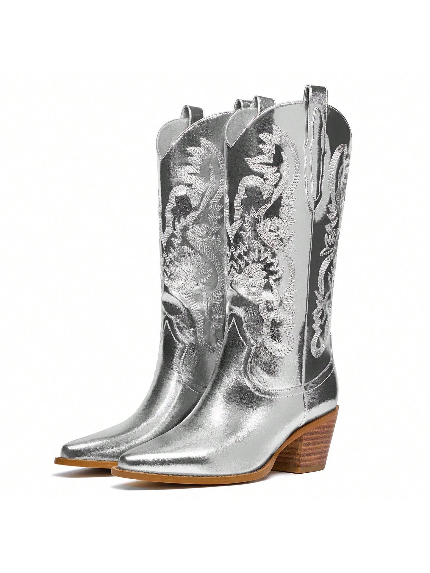 Western Embroidered Metallic Cowboy Mid Calf Boots