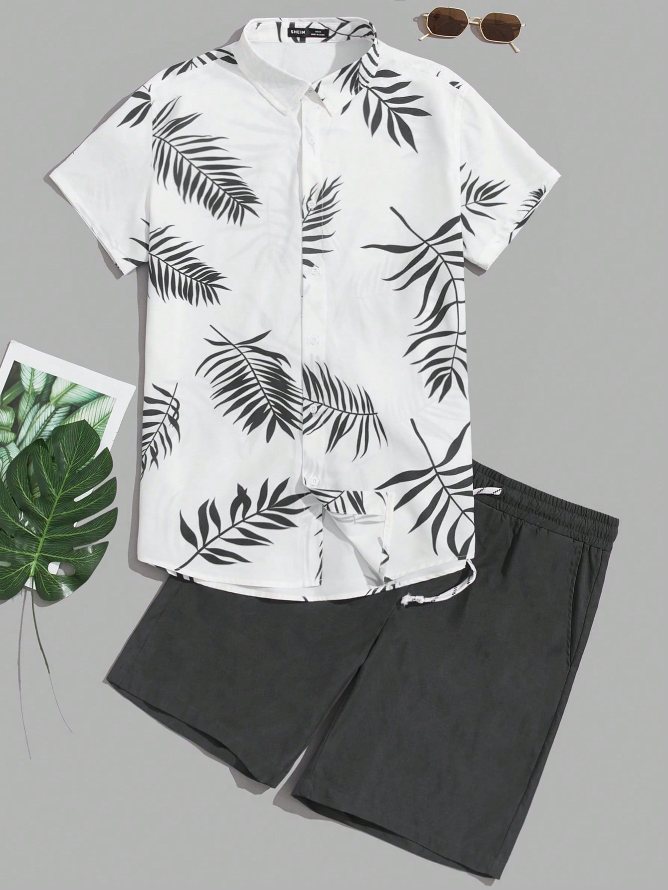 Men Tropical Print Shirt & Drawstring Waist Shorts Set