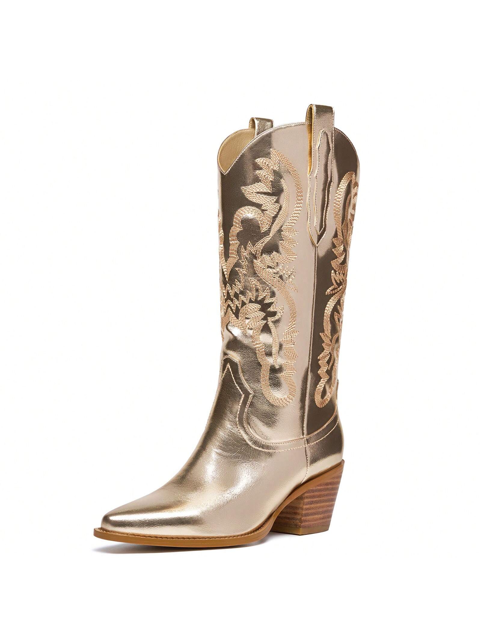 Western Embroidered Metallic Cowboy Mid Calf Boots