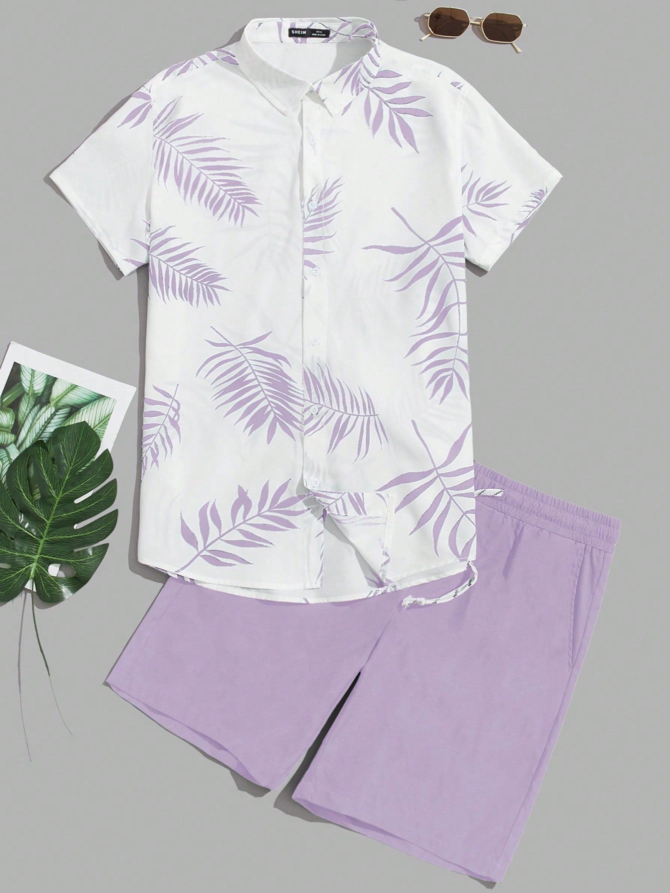 Men Tropical Print Shirt & Drawstring Waist Shorts Set