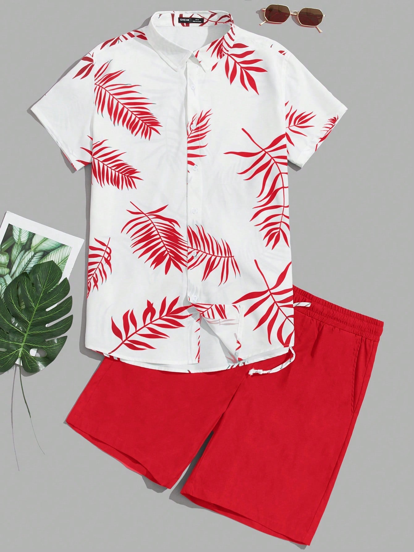 Men Tropical Print Shirt & Drawstring Waist Shorts Set