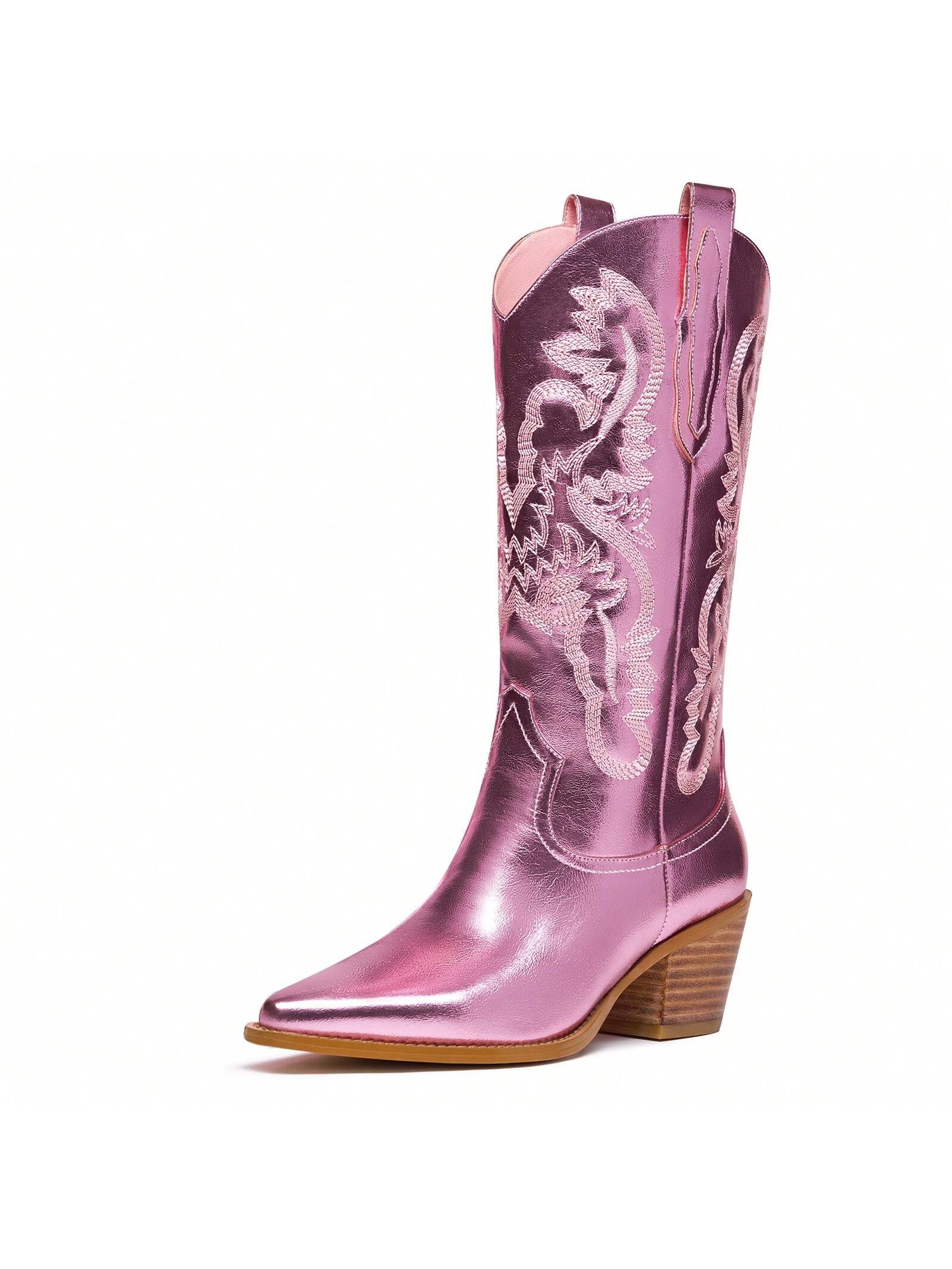 Western Embroidered Metallic Cowboy Mid Calf Boots