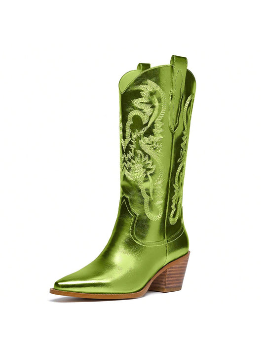 Western Embroidered Metallic Cowboy Mid Calf Boots