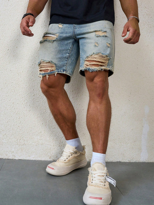 Men's Ripped Casual Denim Shorts With Pockets Low Rise Baggy Jorts Plain Light Blue Going Out Street Wear Friends