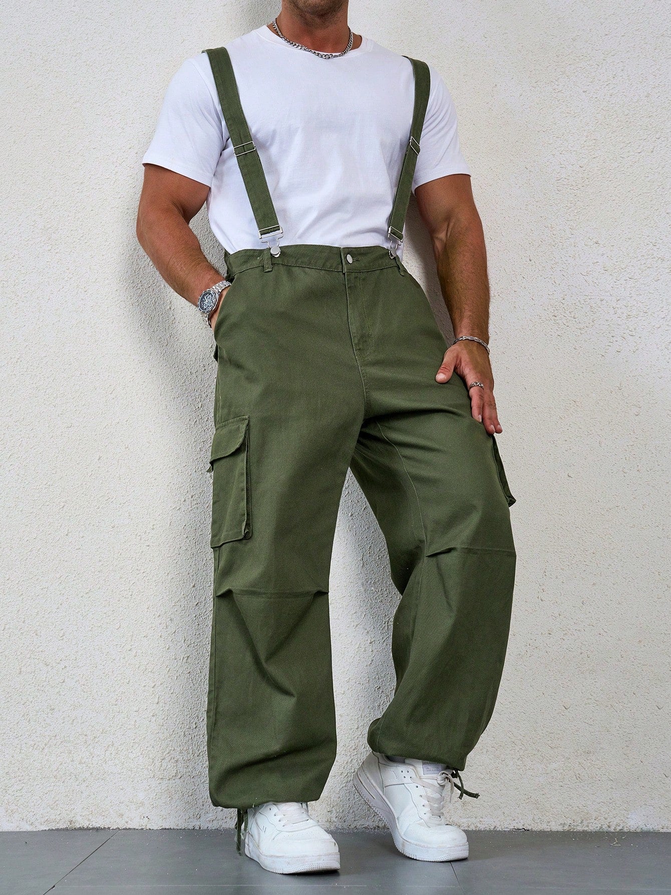 Men's Plus Size Solid Color Denim Overalls With Pockets And Sleeveless For Summer, Baggy Plain Olive Green Vintage Overall