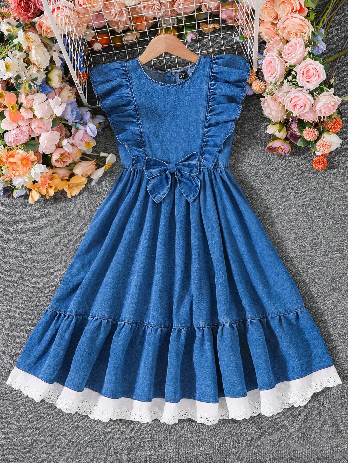 Tween Girl Woven Striped Round Neck Sleeveless Casual Denim Long Dress With Ruffled Hem For Summer Boho Outfits