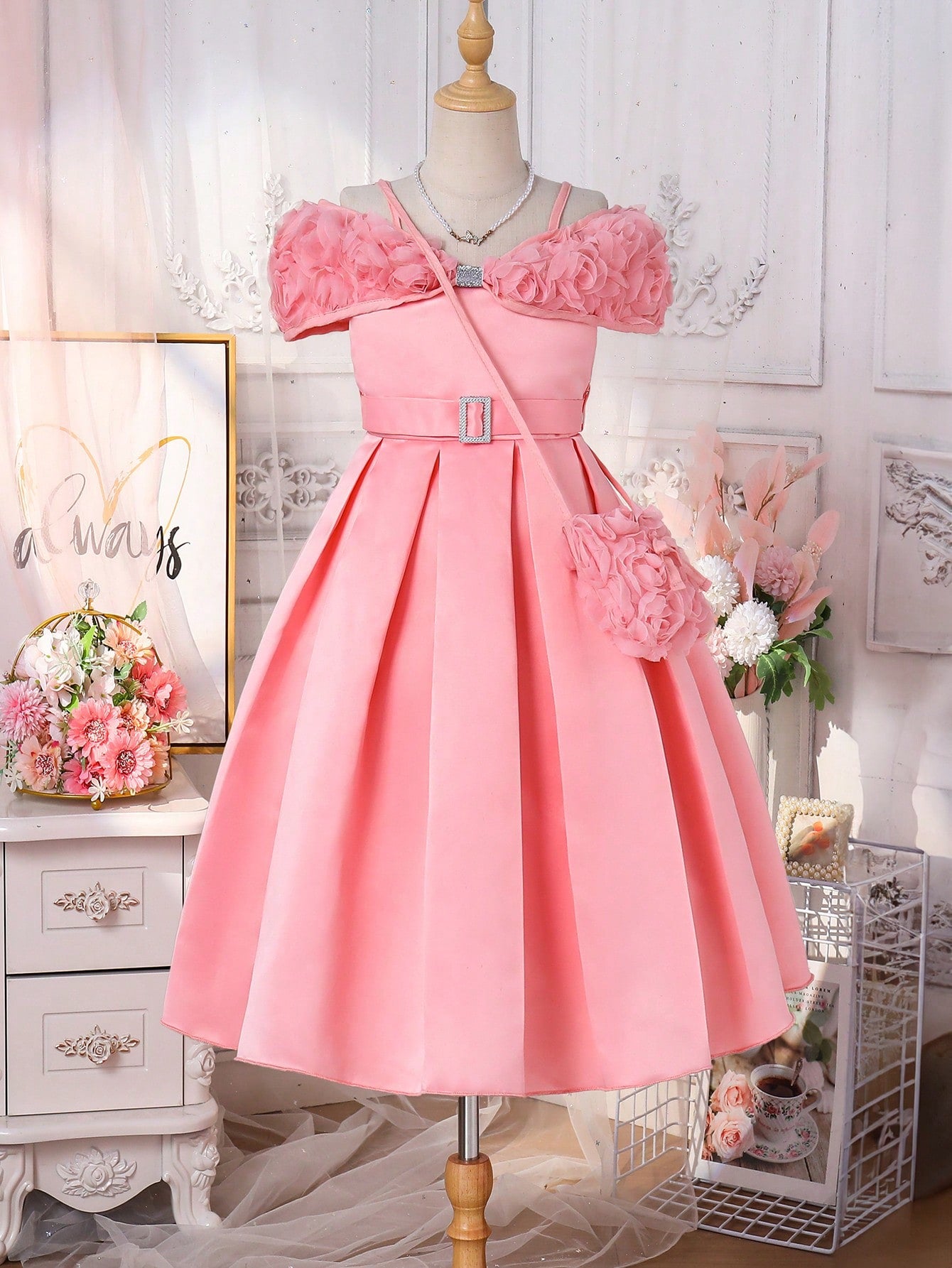 Tween Girl Elegant & Gorgeous Short Sleeve Pink Formal Dress, Mid-Length For Wedding Season, Suitable For Evening Party And Banquet