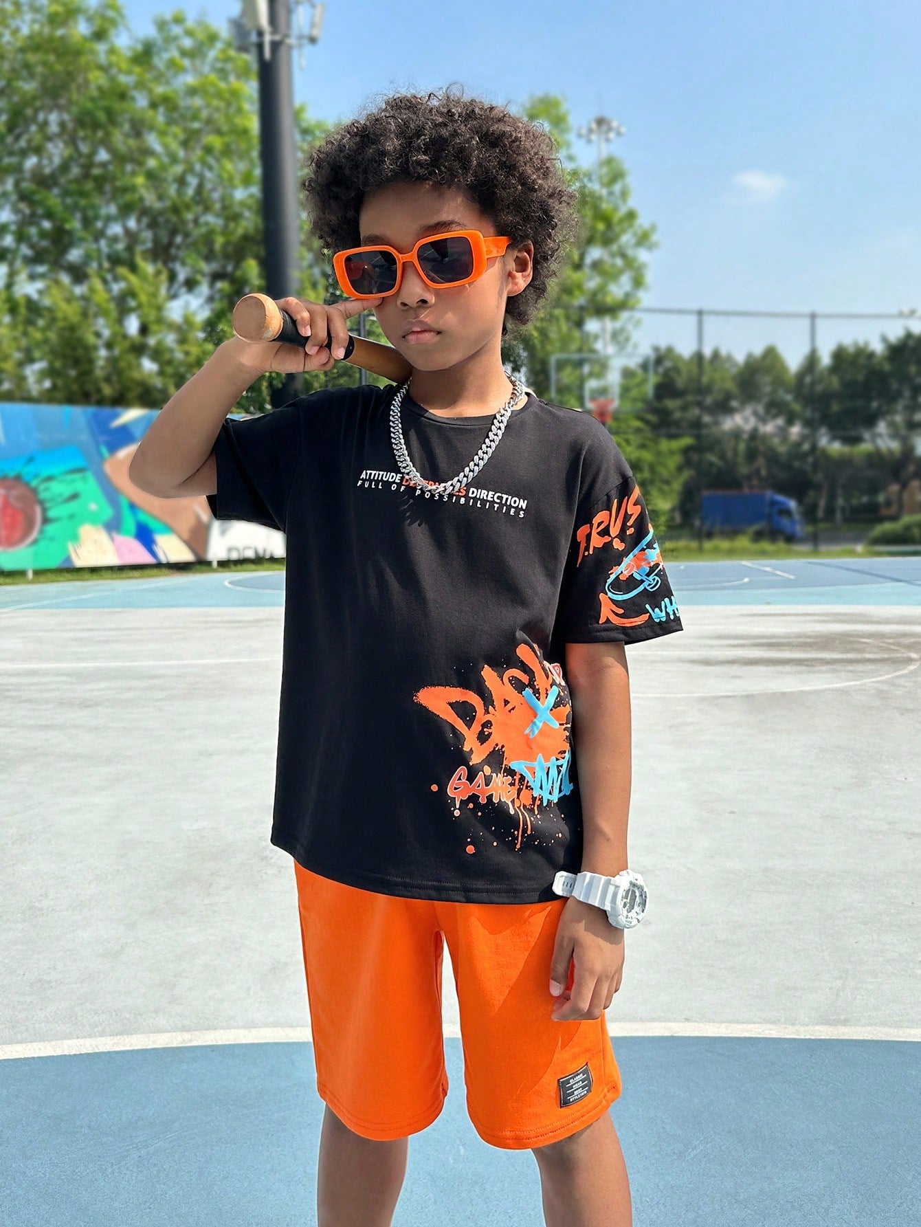 Tween Boy Sporty 2pcs Slogan Print Purple T-Shirt And Shorts Set