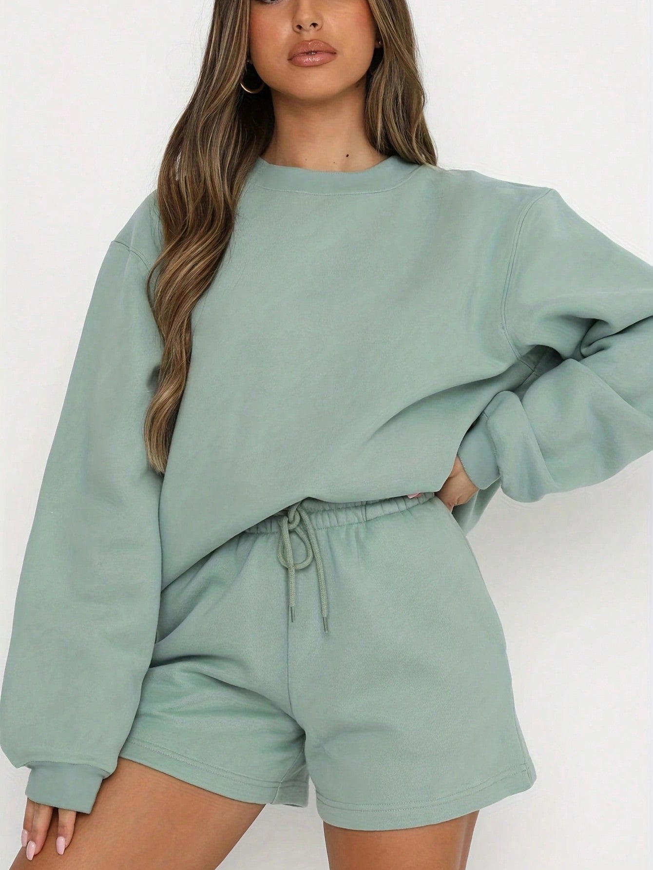 Women's Casual Solid Color Drop Shoulder Long Sleeve Sweatshirt And Shorts Set