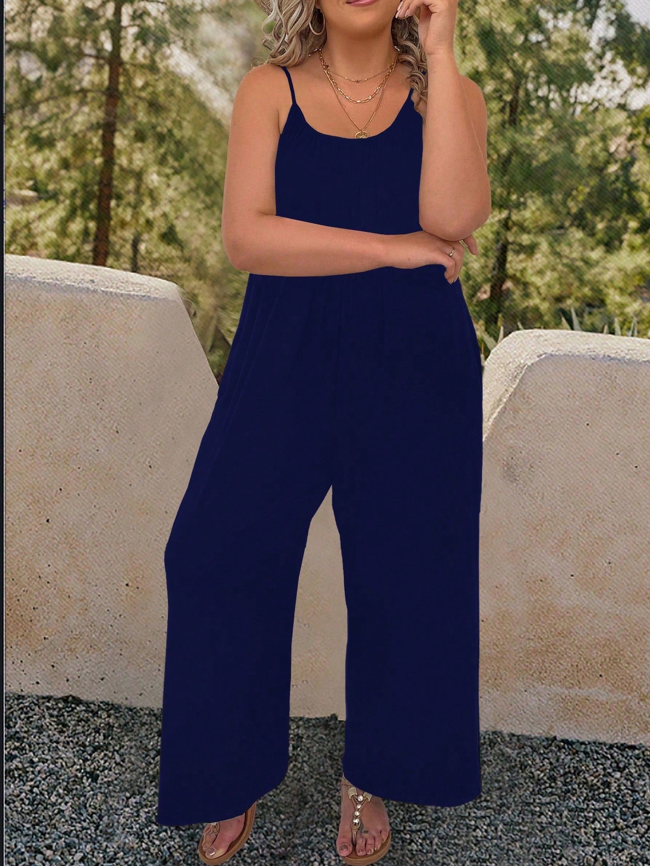 Plus Solid Slant Pocket Cami Jumpsuit