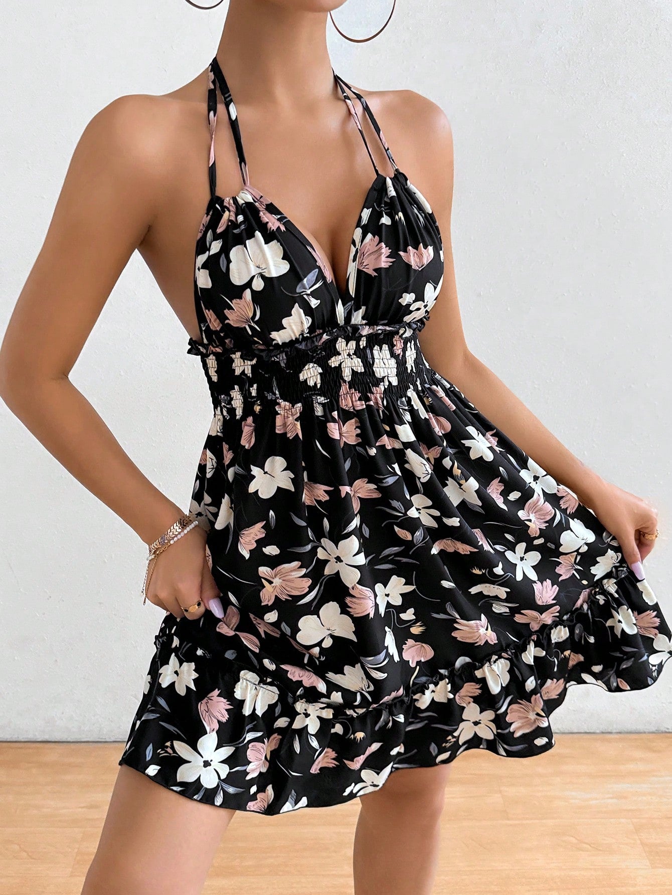 Women's Shirred Ditsy Floral Halter Neck Tie Waist Dress