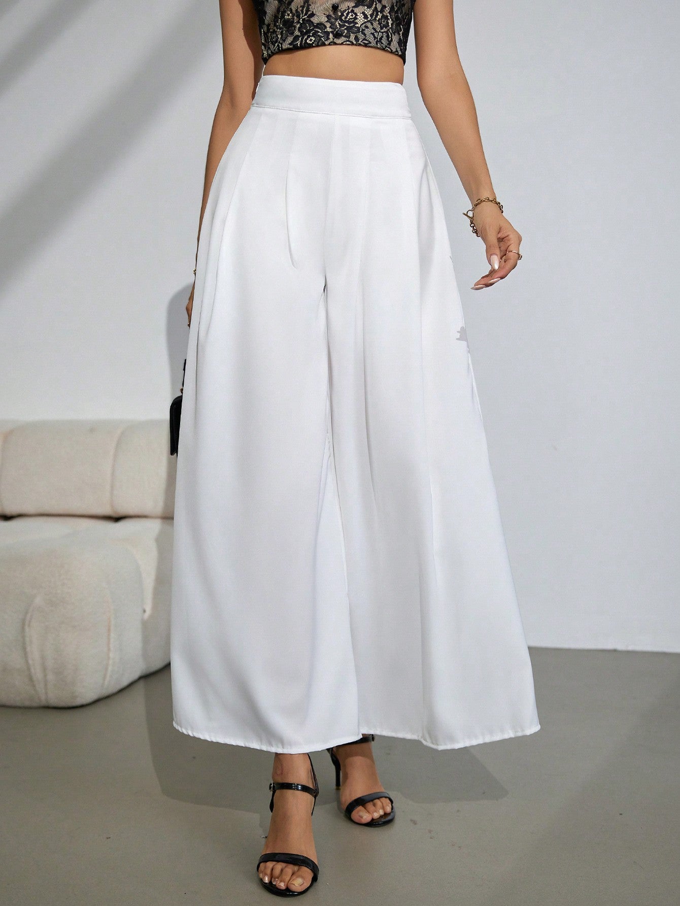 Women's Simple And Elegant High Waisted Pleated Wide Leg Pants