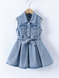 Young Girl Denim Overall Dress With Pockets, Street Casual Style Washed Comfortable Pleated Dress For College And Playful Activities