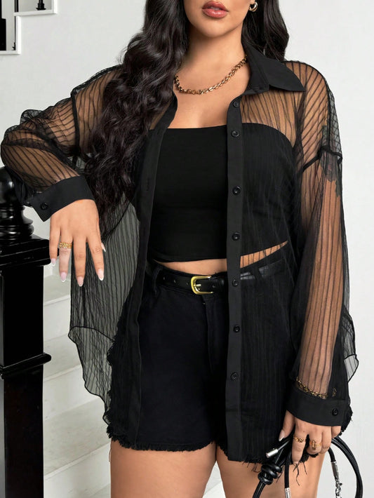 Plus Size Women's Summer New Style Fashion Commuter Casual Elegant Business Casual Sexy Summer Black See-Through Summer Cardigan Summer Tops Summer Shirts Striped Long Long Sleeve Shirt