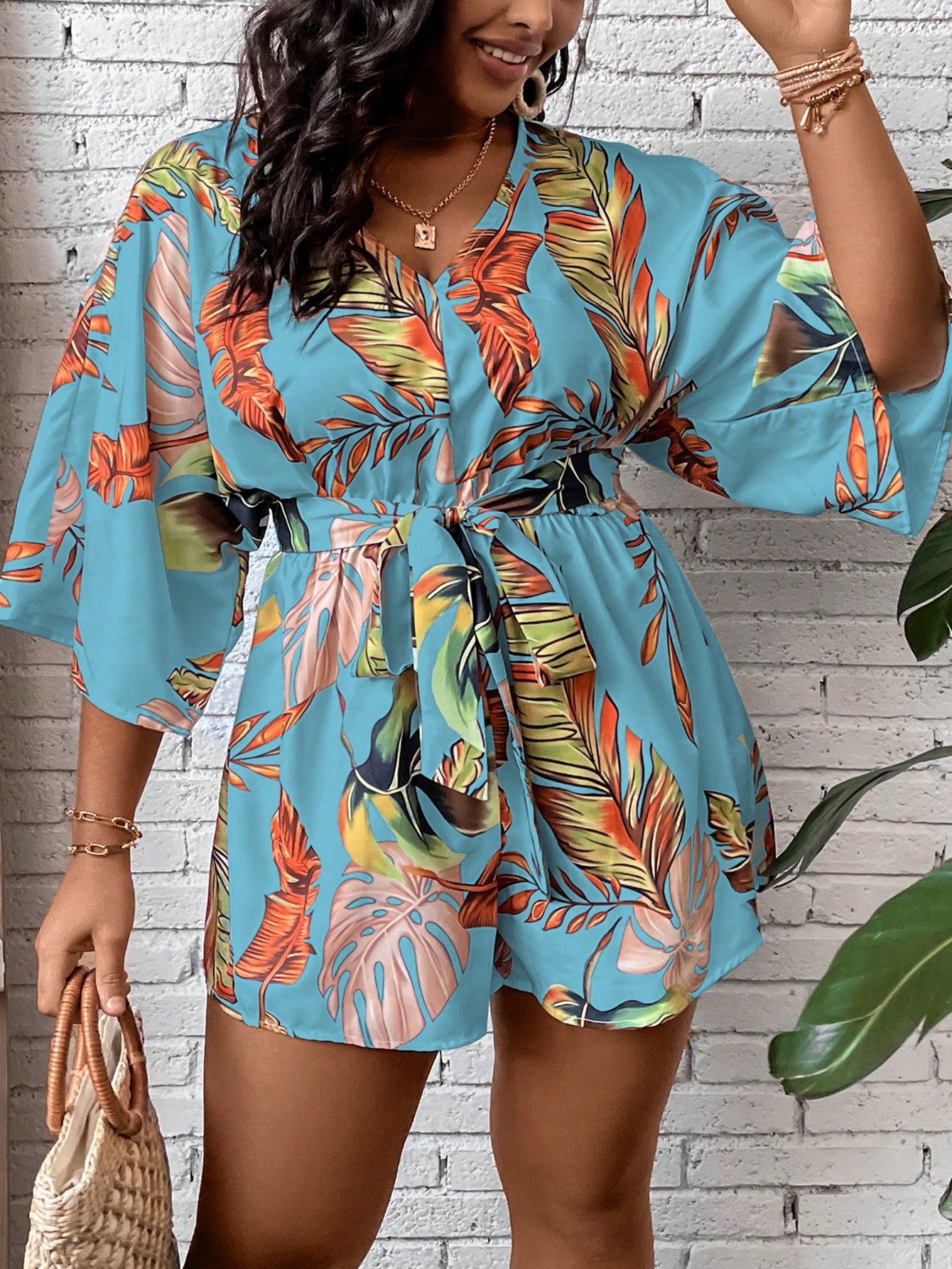 Plus Tropical Print Batwing Sleeve Belted Romper