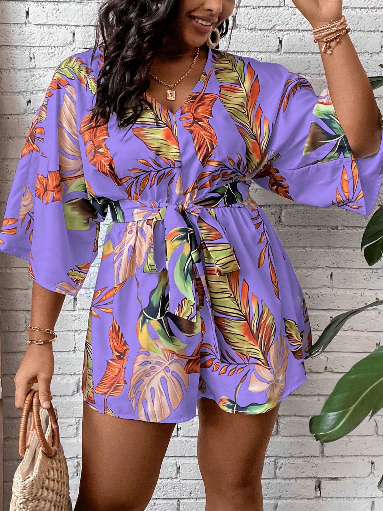 Plus Tropical Print Batwing Sleeve Belted Romper