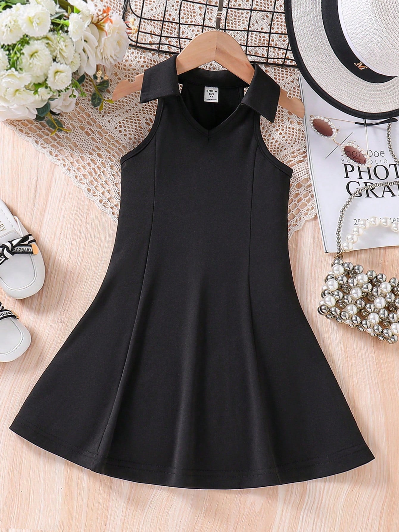 Young Girl Casual V-Neck Sleeveless Knitted Dress, Solid Color A-Line And Simple Design School Outfit