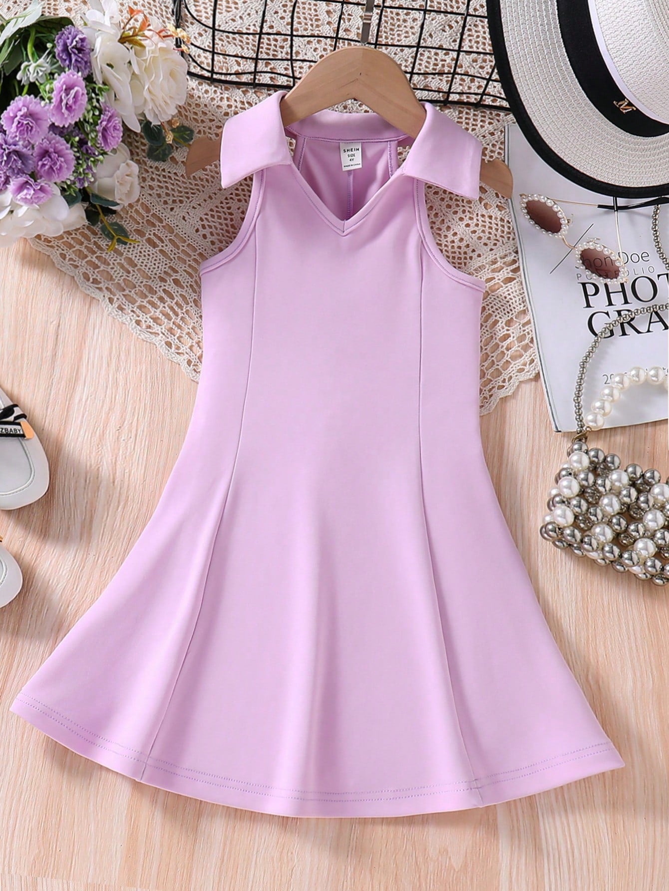 Young Girl Casual V-Neck Sleeveless Knitted Dress, Solid Color A-Line And Simple Design School Outfit