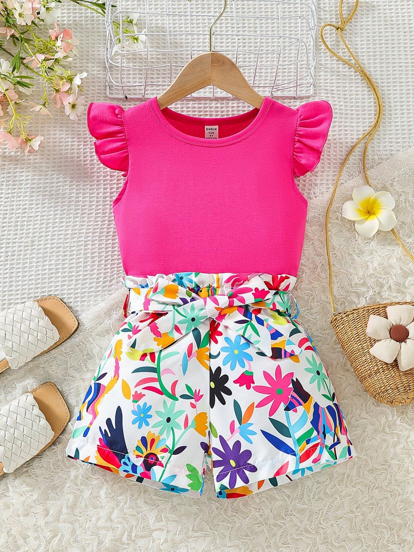 Young Girl Summer Vacation Solid Color Short Sleeve Top And Tropical Print Shorts Outfit