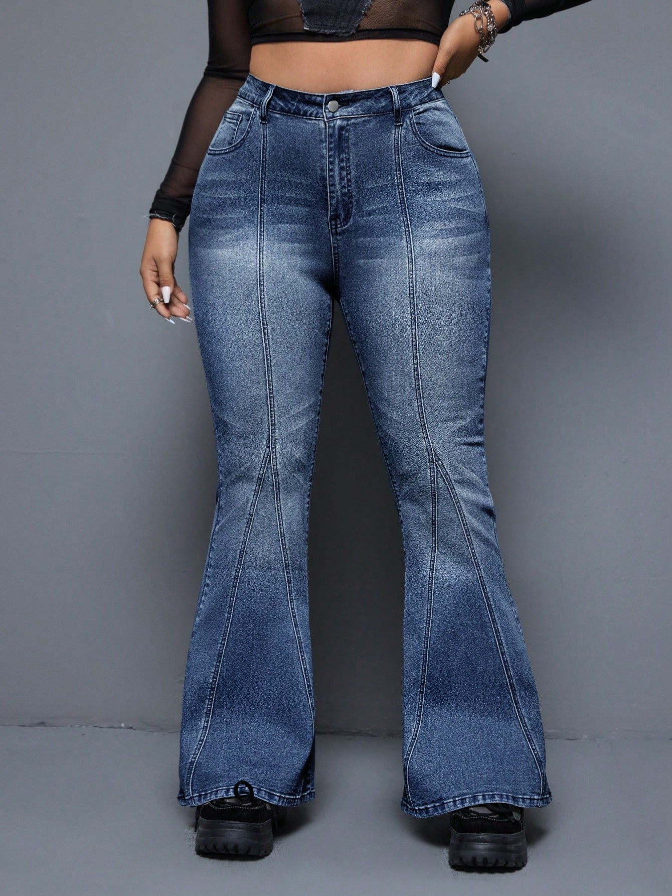 Plus Size Washed Denim Flared Jeans With Slanted Pockets