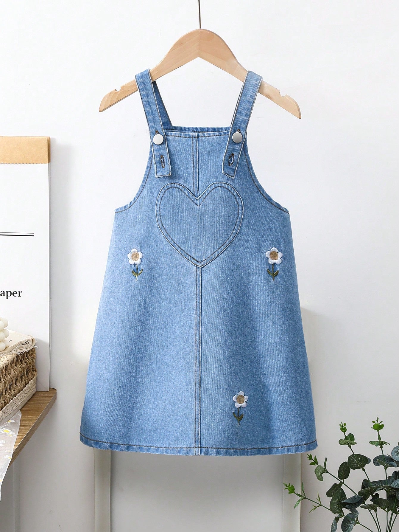 Young Girl Summer Casual Floral Embroidered Denim Overall Dress