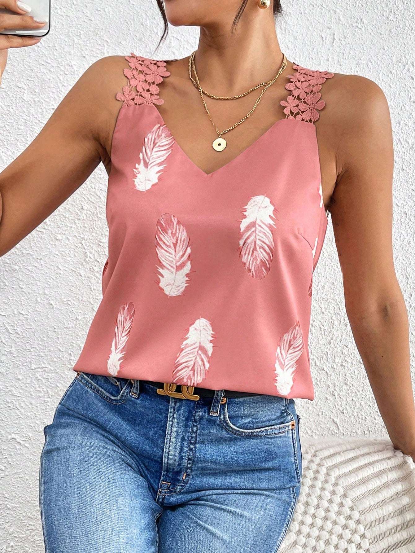 Frenchy Feather Print Halter Graphic Lace Trimmed Lace Top