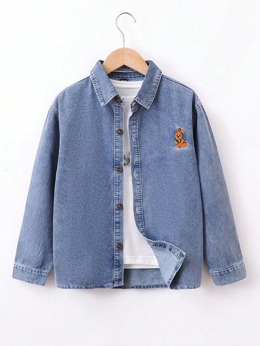 Tween Girl Cartoon Rabbit Embroidery Casual Fit Casual Denim Shirt With Long Sleeves