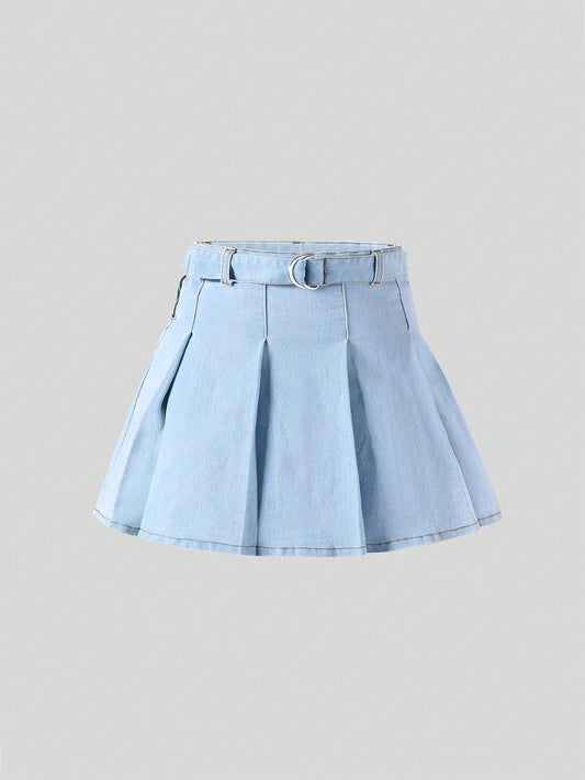 Tween Girl Light Wash Stretch Denim Skirt With Accordion Pleats And Adjustable Denim Belt,