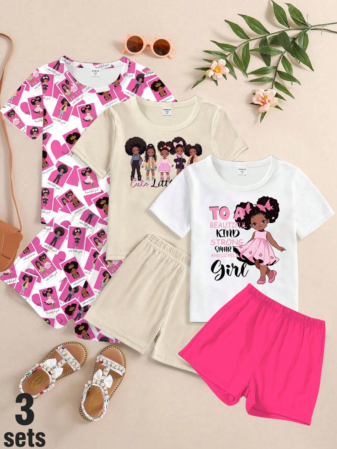 Young Girl 3pcs/Set Fashionable Cute Cartoon Printed Short Sleeve T-Shirt And Leggings