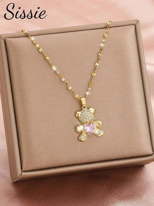 1 Pc Girls Exquisite Cute Pink Heart Cubic Zirconia Bear Pendant Necklace For Kids For Party Banquet For Daily Wearing Gold Jewelry