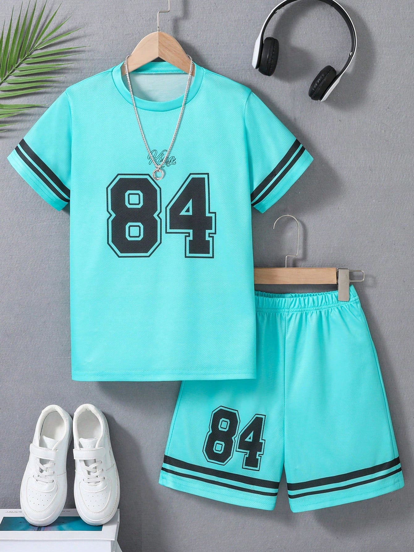 Tween Boy Casual Mesh Sports Outfit, Breathable And Quick-Drying, KING84 Printed Round Neck Short Sleeve T-Shirt And Printed Shorts Set, Summer