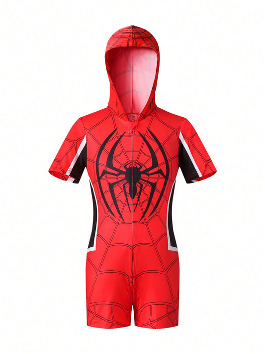 Young Boy Fashionable Hooded Jumpsuit With Spider Web Pattern