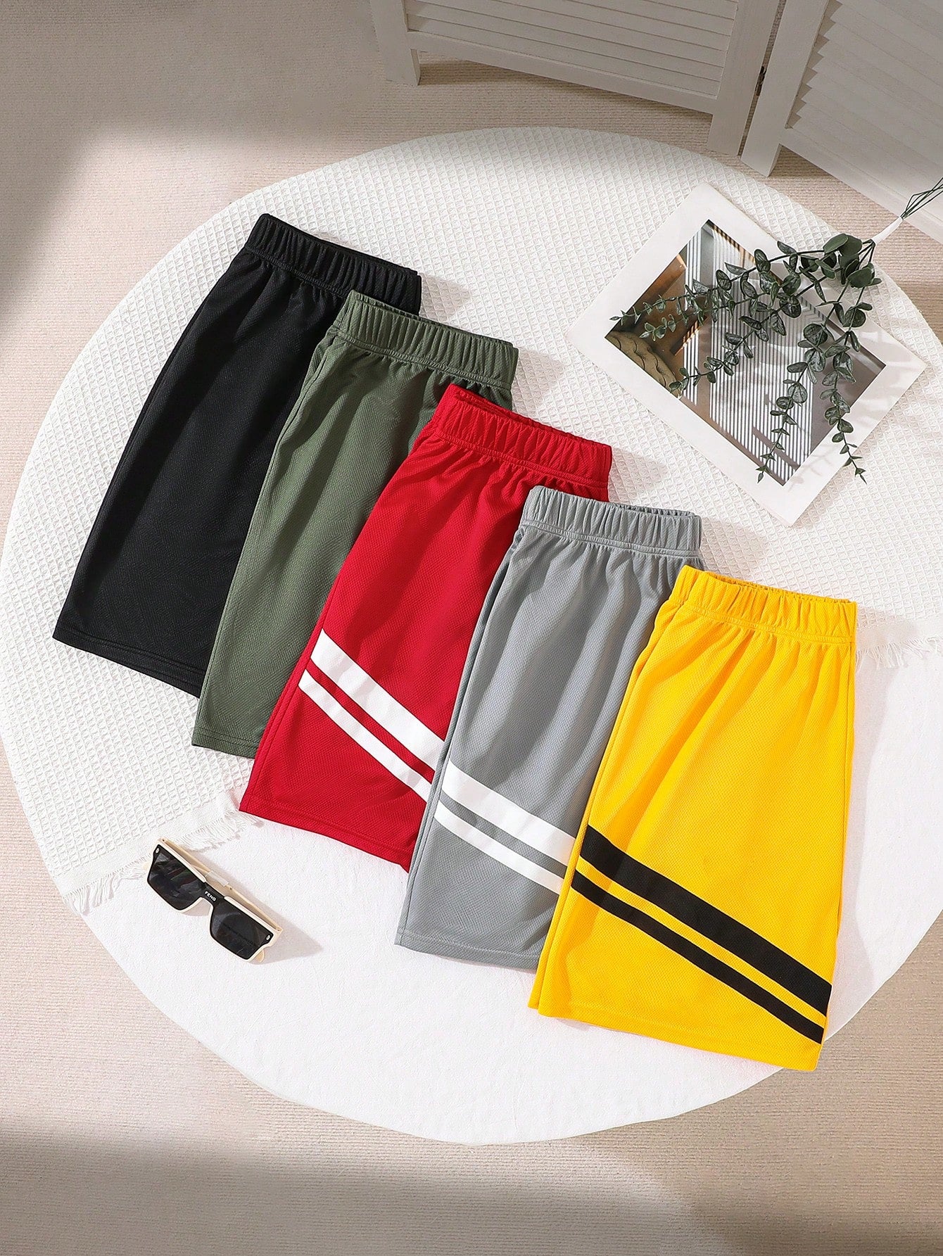 Teen Boy 5pcs/Set Casual Knit Printed Sports Shorts Set