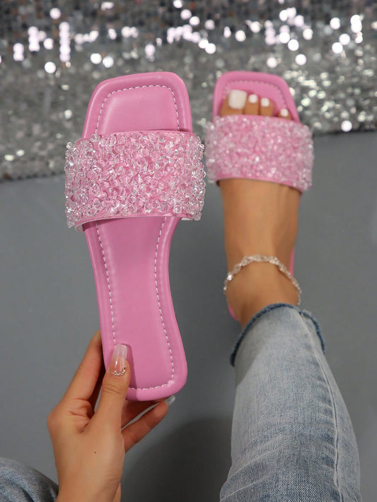 New Fashion Sequin Flat Beach Slippers, Outdoor Open Toe Slip-On Women's Sandals, Perfect For All Occasions