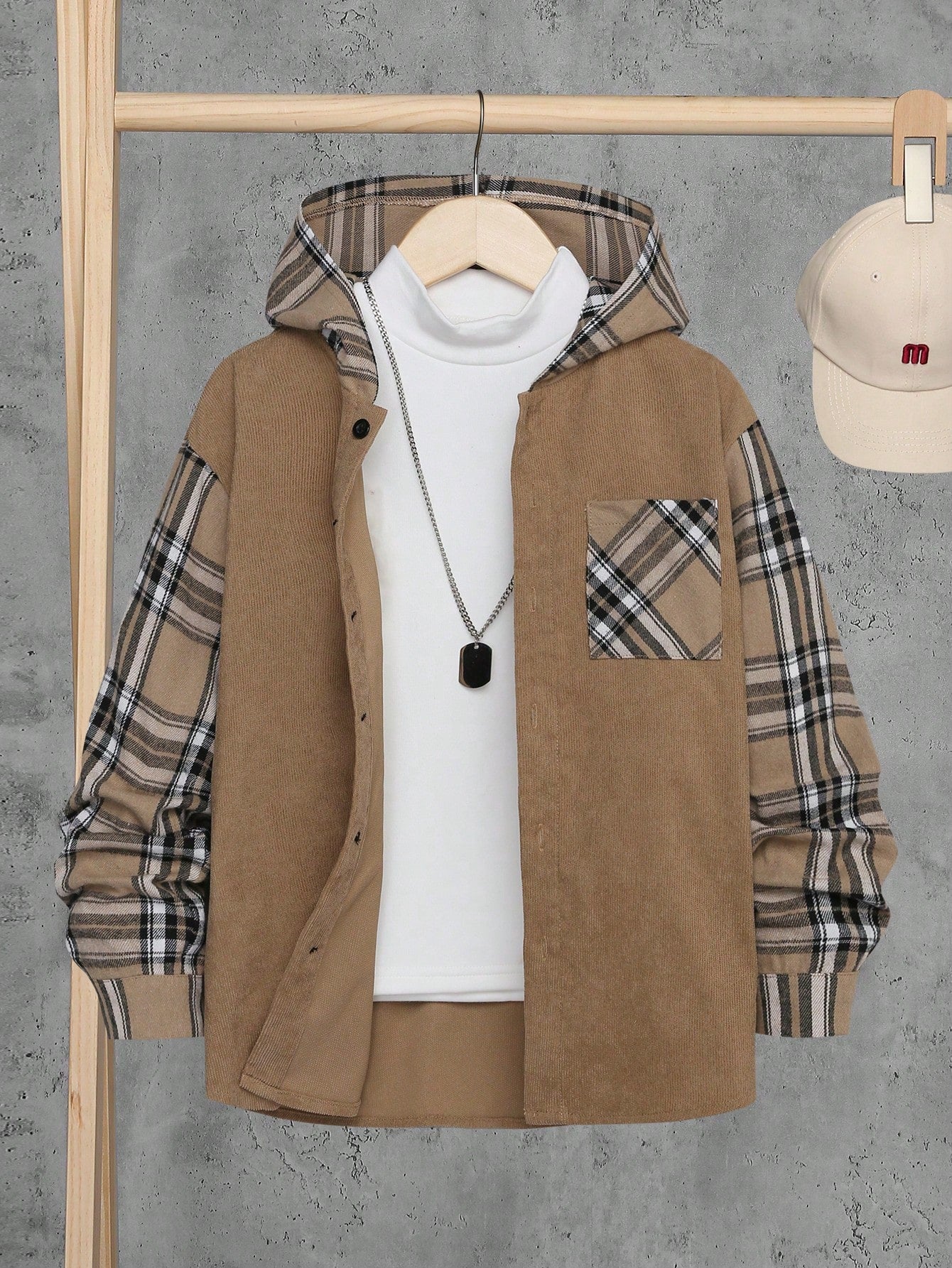 Teen Boy Casual Hooded Plaid Patchwork Long Sleeve Cardigan Shirt With Pockets, Workwear, Daily College Style