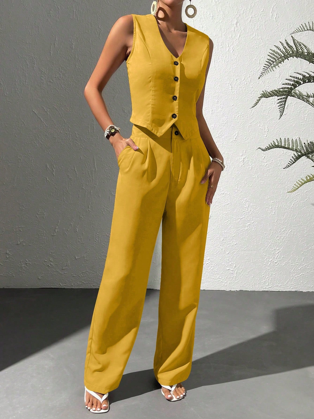 Women's Summer Solid Color Single Breasted Suit Vest And Pants Casual Work Outfit