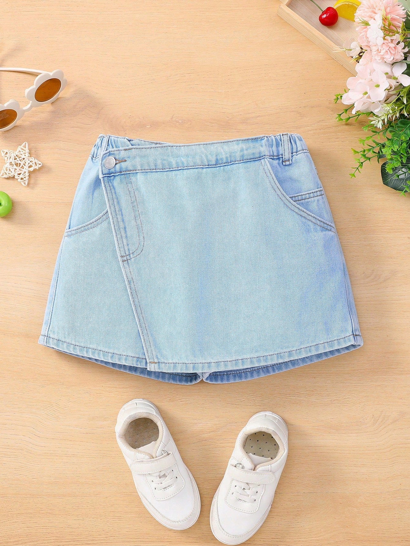 Tween Girl Irregular Design Heavy Washed Ripped Denim Skort, Fashionable And Versatile, Anti-Exposure