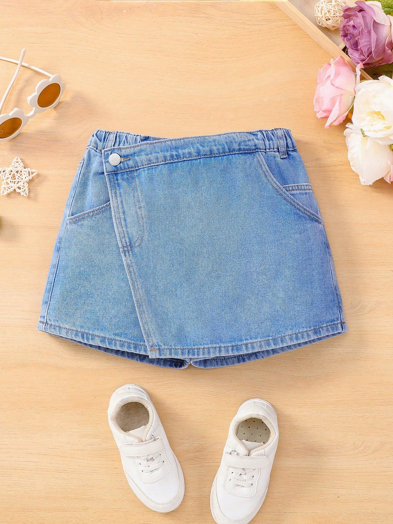 Tween Girl Irregular Design Heavy Washed Ripped Denim Skort, Fashionable And Versatile, Anti-Exposure