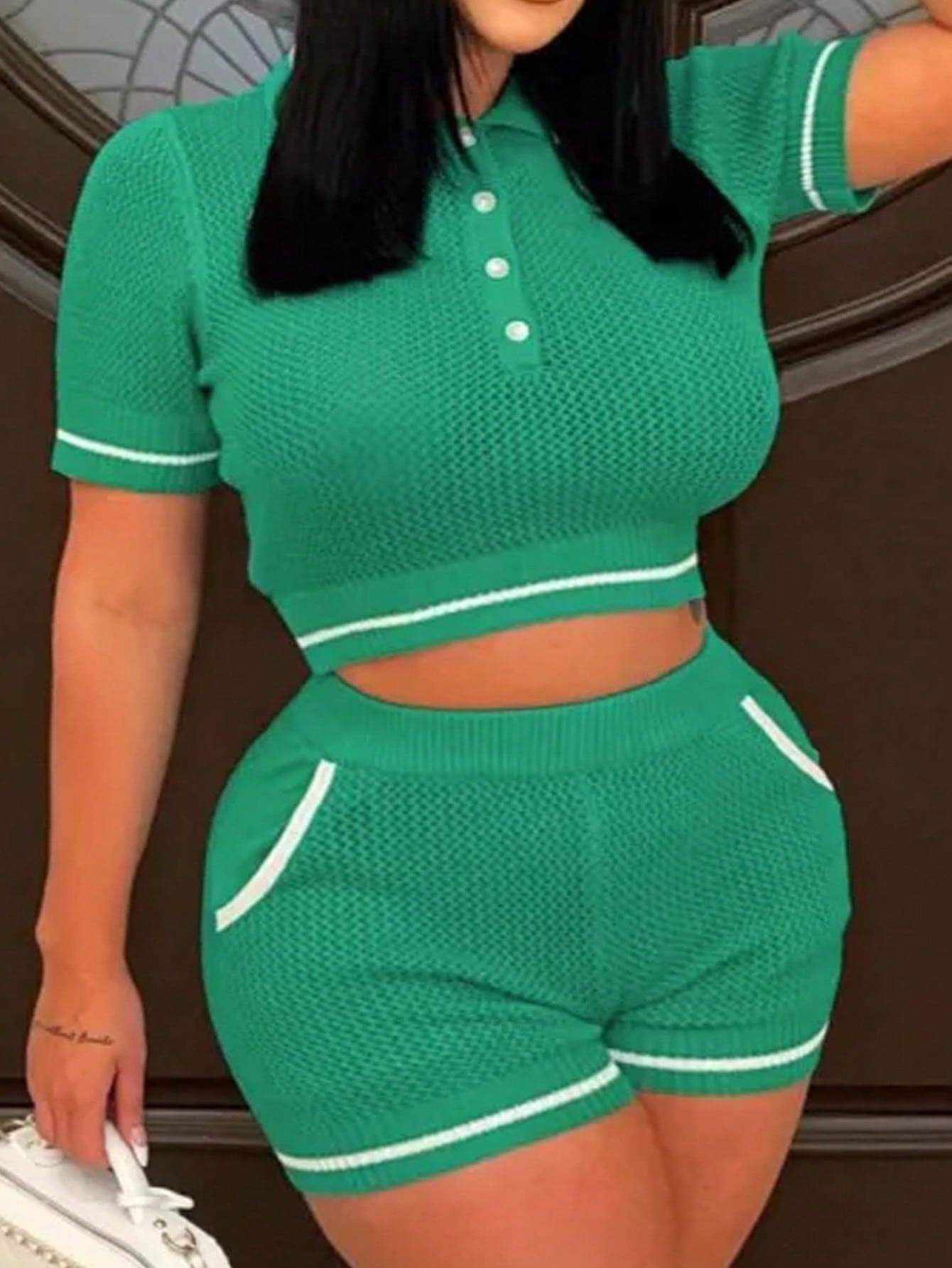 Plus Size Women's Slim-Fit Color-Block Green And White Short-Sleeve Top And Shorts Set, Half-Open Placket, Semi-Transparent Crocheted, Suitable For Casual Wear, Vacation, And Elegance, Spring And Summer